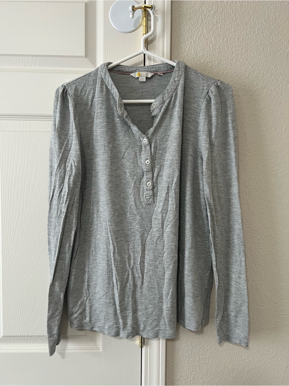 Boden Gray Gold Polka Dot Henley Top Puff Sleeve US 6